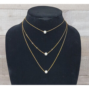 Dainty Necklace Multi Chain Goldtone Minimalist Simple Delicate White Beads